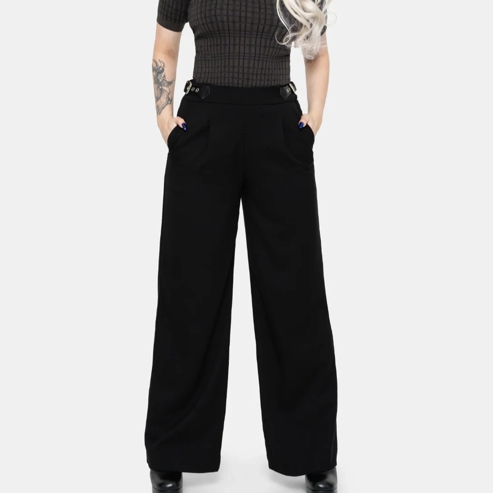 NWT Disturbia Nightingale Buckle Black Solid Wide Trousers Women's US Size 12
